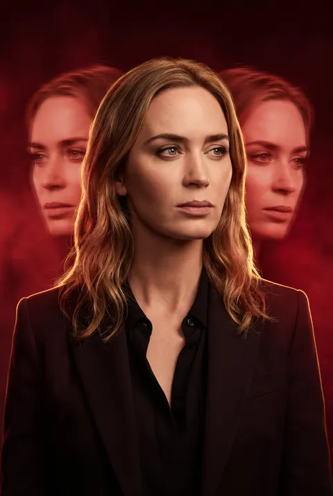 Emily Blunt — triple-exposure red cinematic poster, AI-generated