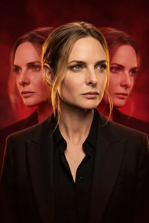 Rebecca Ferguson — triple-exposure red cinematic poster, AI-generated