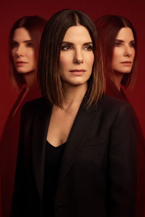 Sandra Bullock — triple-exposure red cinematic poster, AI-generated