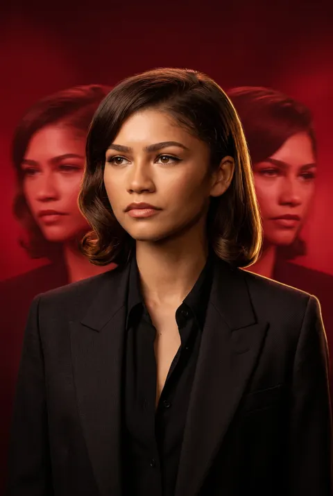 Zendaya — triple-exposure red cinematic poster, AI-generated