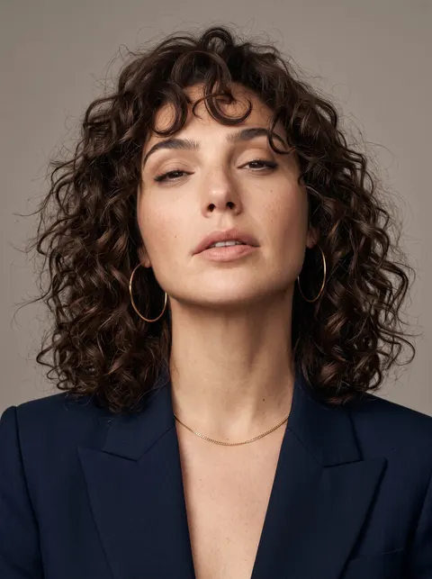 Gal Gadot — voluminous curls and navy blazer portrait, AI-generated