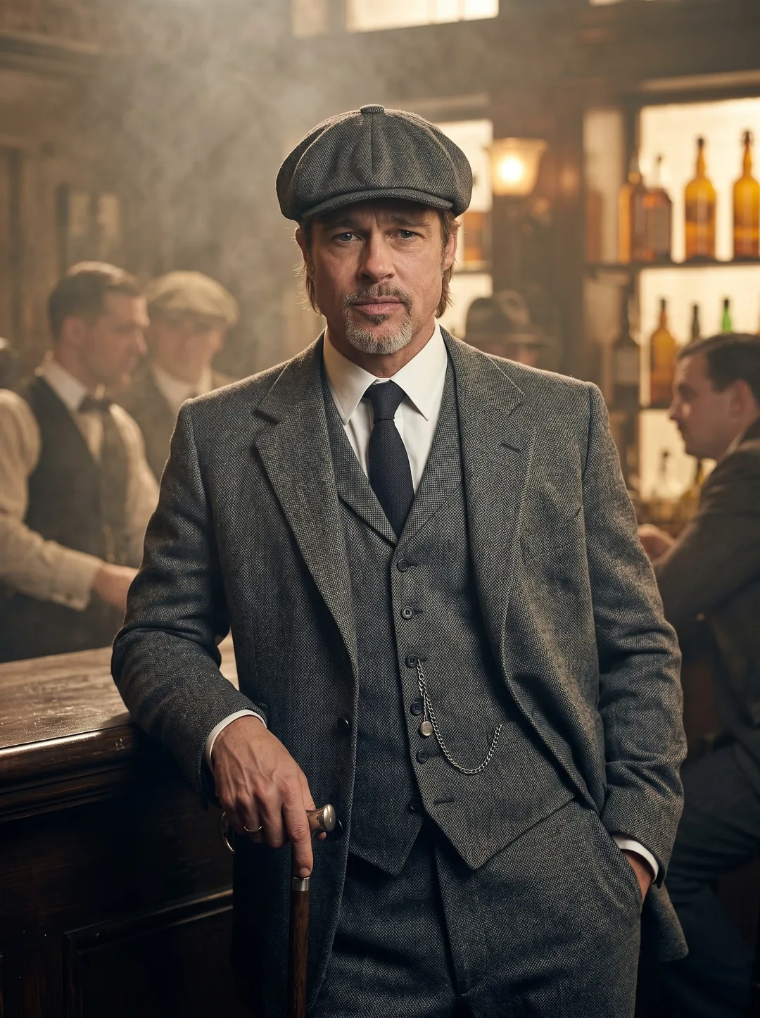 Brad Pitt — 1920s smoky bar flat cap and tweed portrait, AI-generated