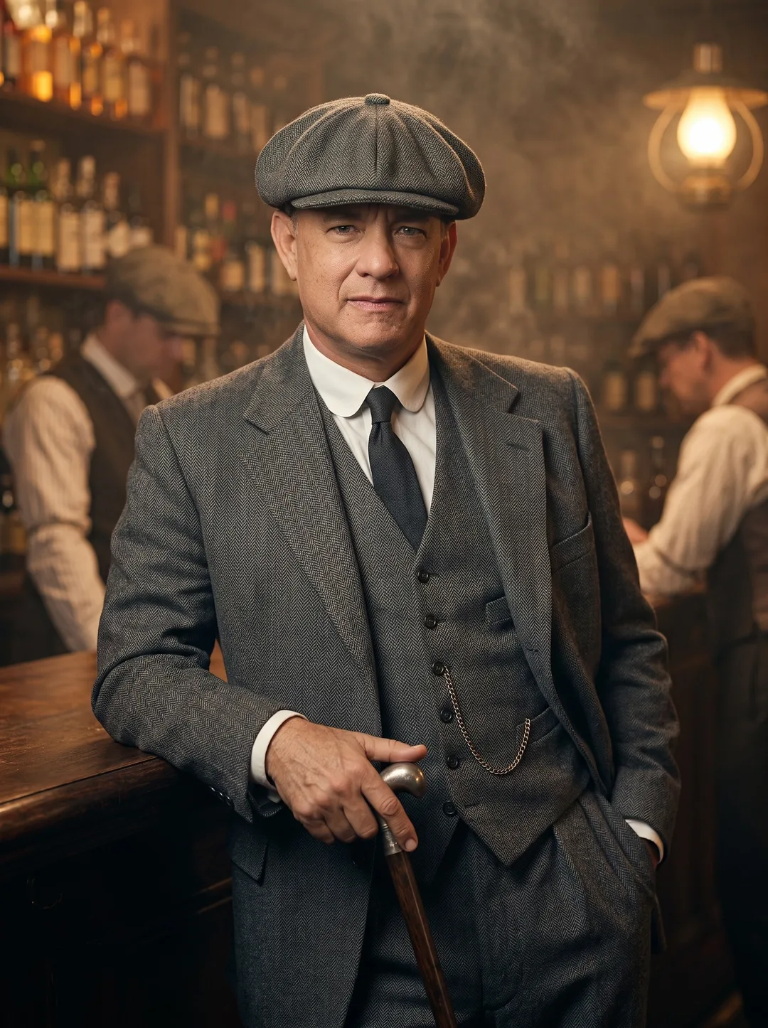 Tom Hanks — 1920s smoky bar flat cap and tweed portrait, AI-generated