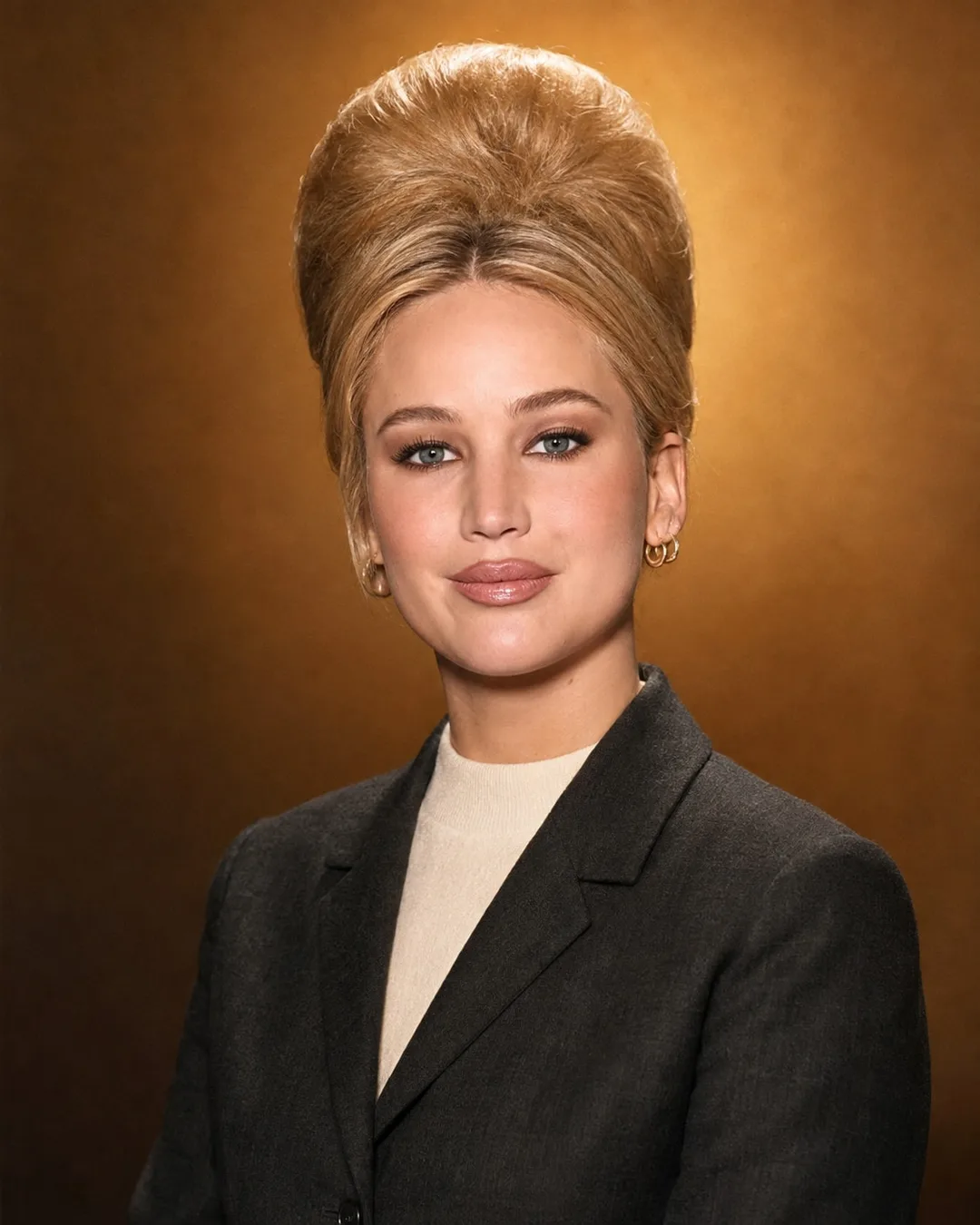 Jennifer Lawrence — 1960s beehive and tailored suit, AI-generated portrait