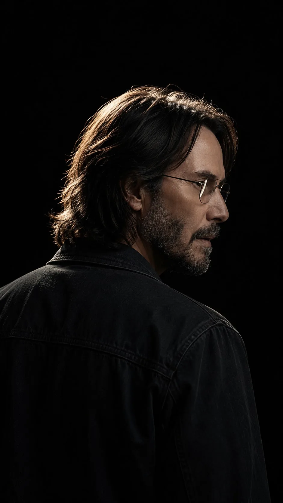 Keanu Reeves — backlit over-the-shoulder portrait, AI-generated
