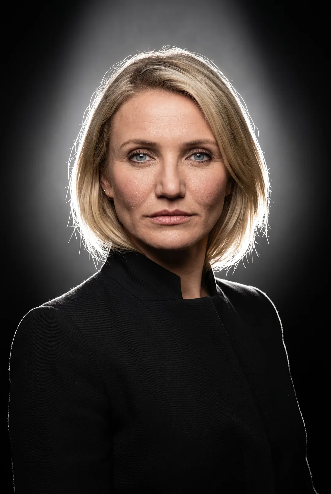 Cameron Diaz — backlit rim-glow low-key portrait, AI-generated