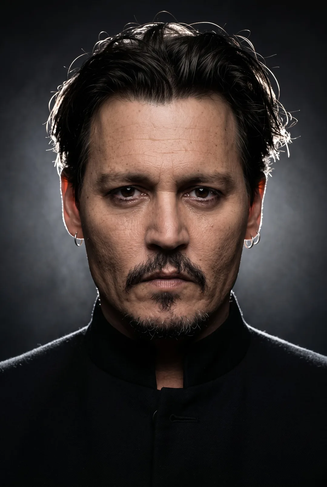 Johnny Depp — backlit rim-glow low-key portrait, AI-generated