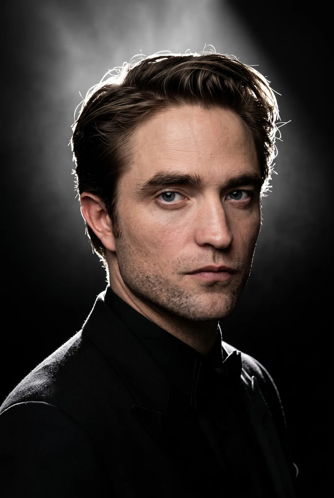 Robert Pattinson — backlit rim-glow low-key portrait, AI-generated