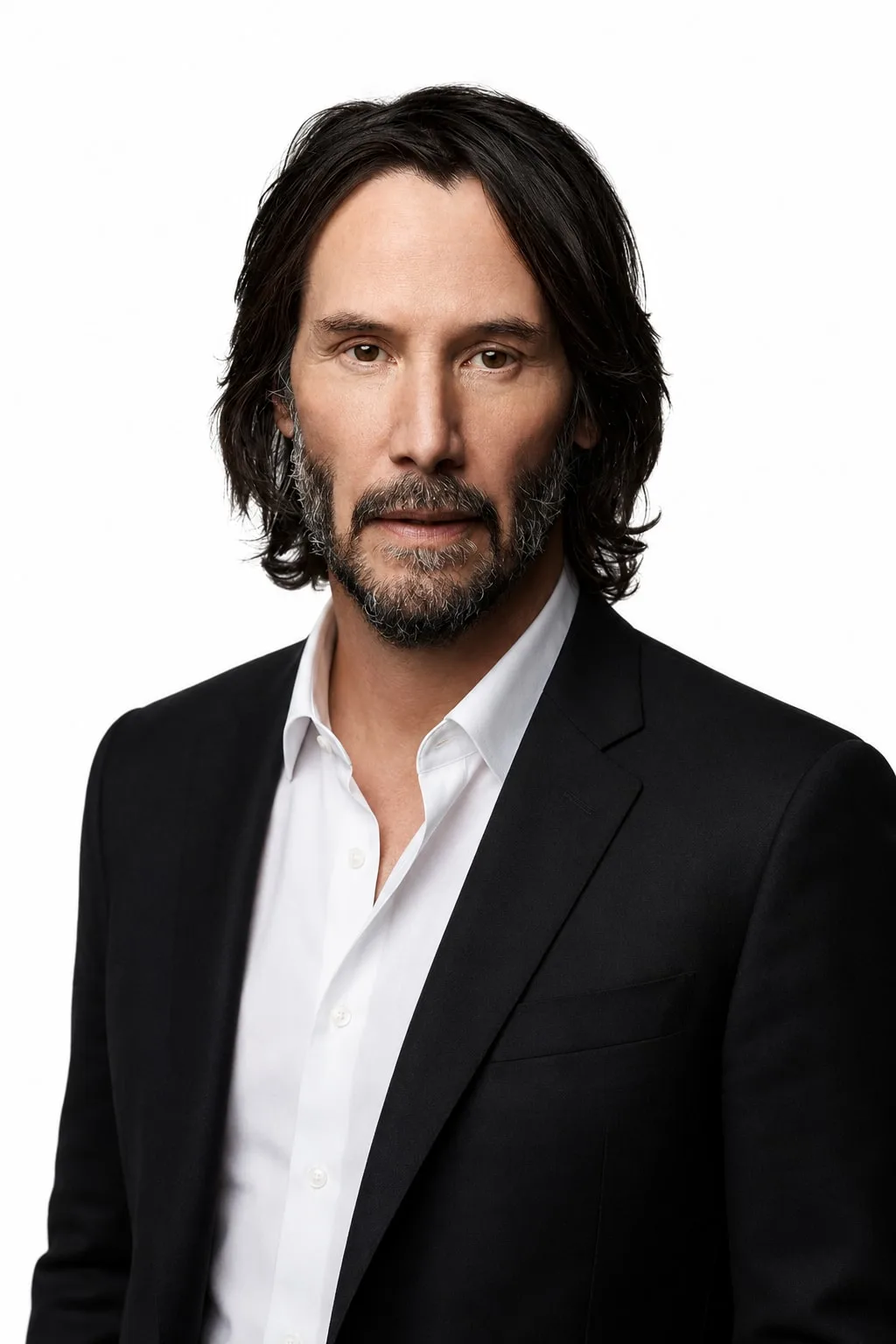 Keanu Reeves — black suit on white studio portrait, AI-generated
