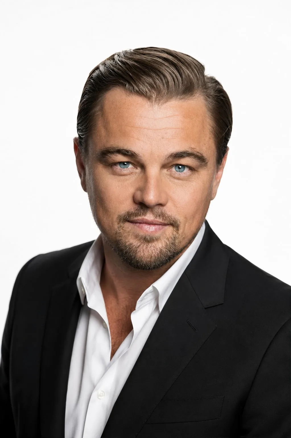Leonardo DiCaprio — black suit on white studio portrait, AI-generated