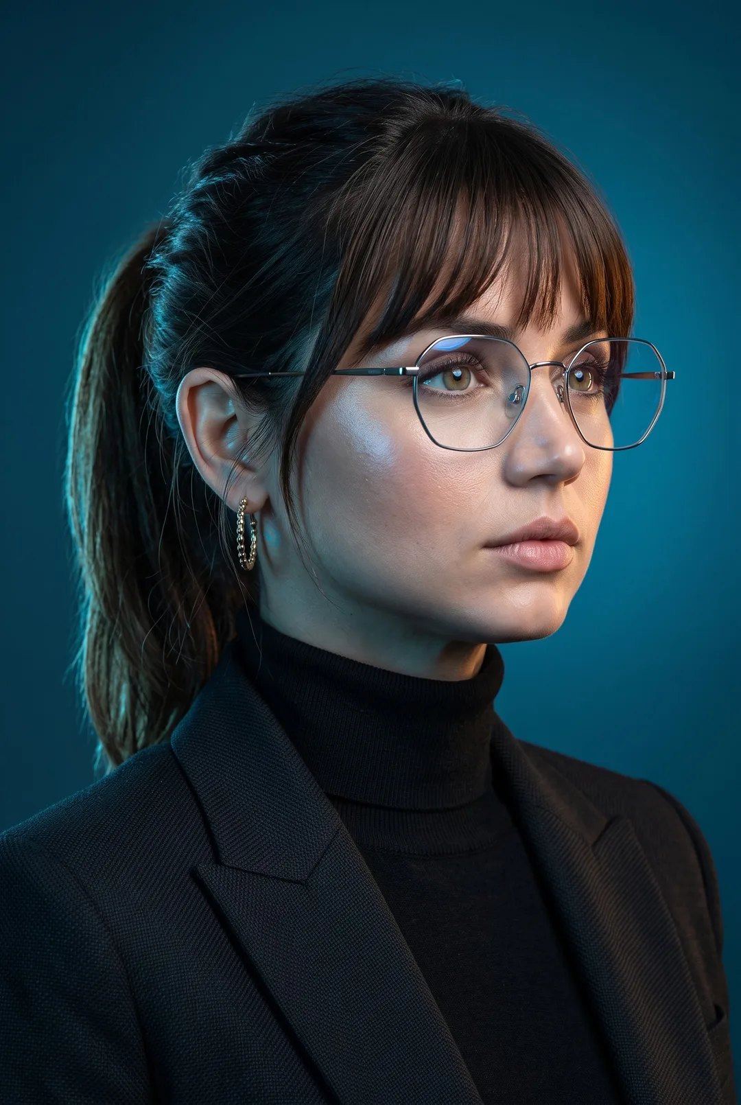 Ana de Armas — cool blue tech portrait with amber kicker, AI-generated