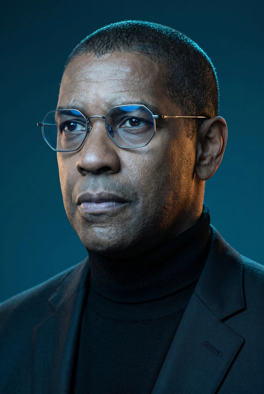 Denzel Washington — cool blue tech portrait with amber kicker, AI-generated