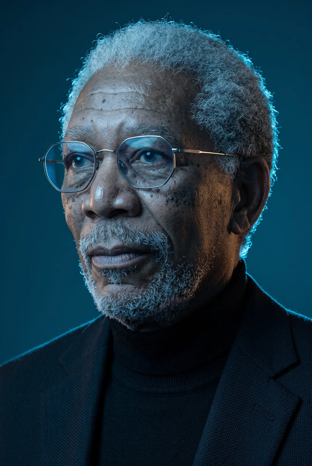 Morgan Freeman — cool blue tech portrait with amber kicker, AI-generated