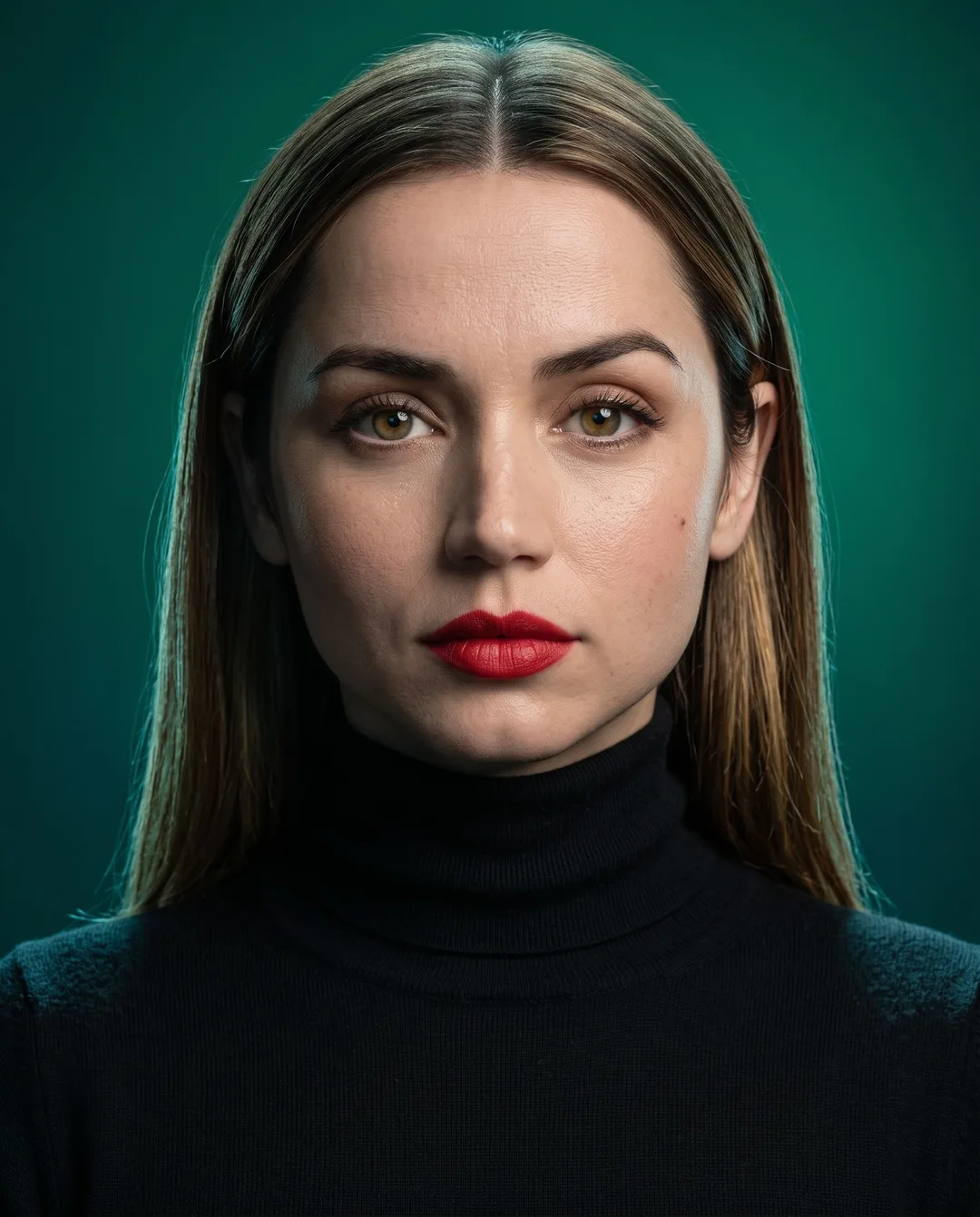 Ana de Armas — emerald chiaroscuro turtleneck portrait, AI-generated