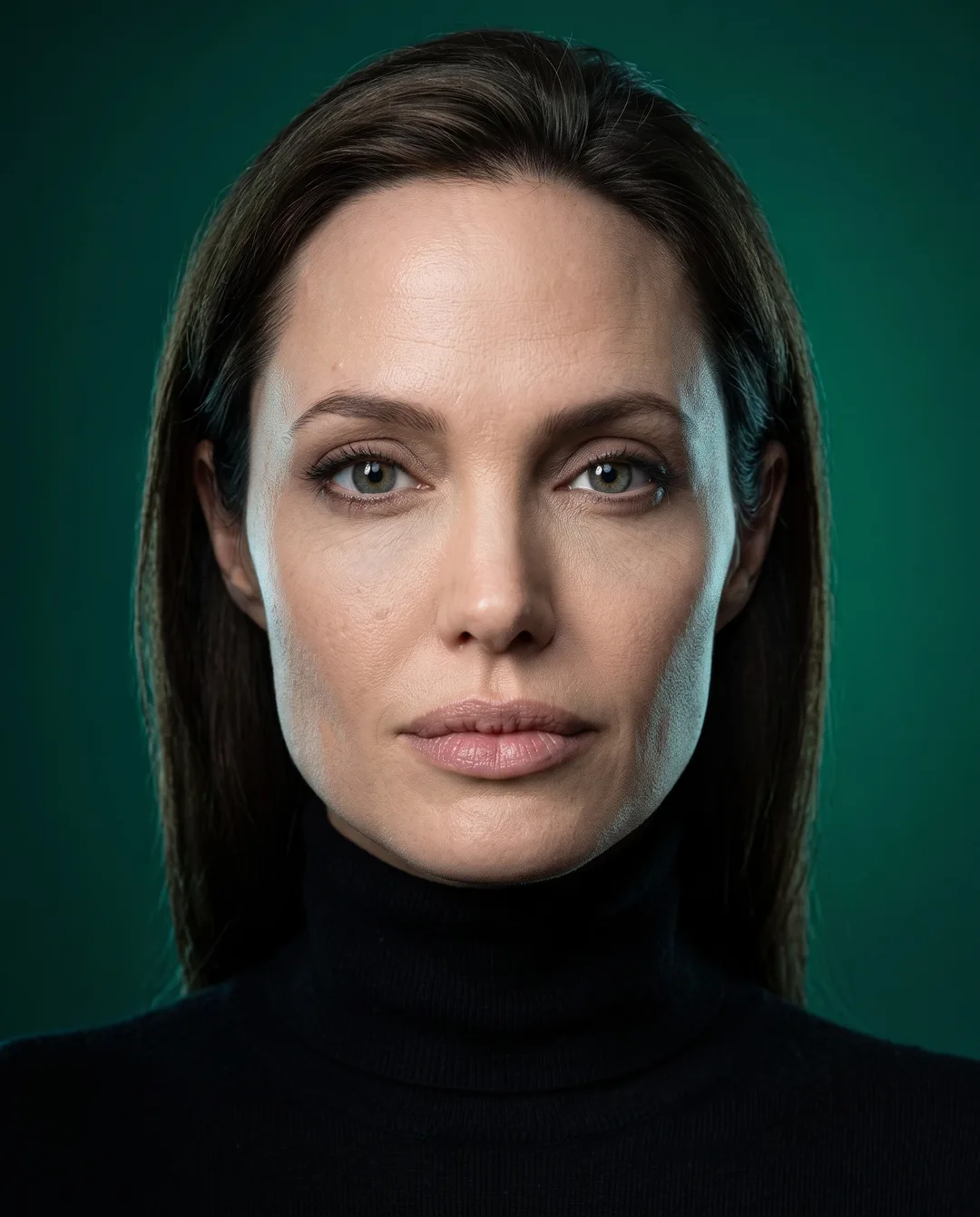 Angelina Jolie — emerald chiaroscuro turtleneck portrait, AI-generated