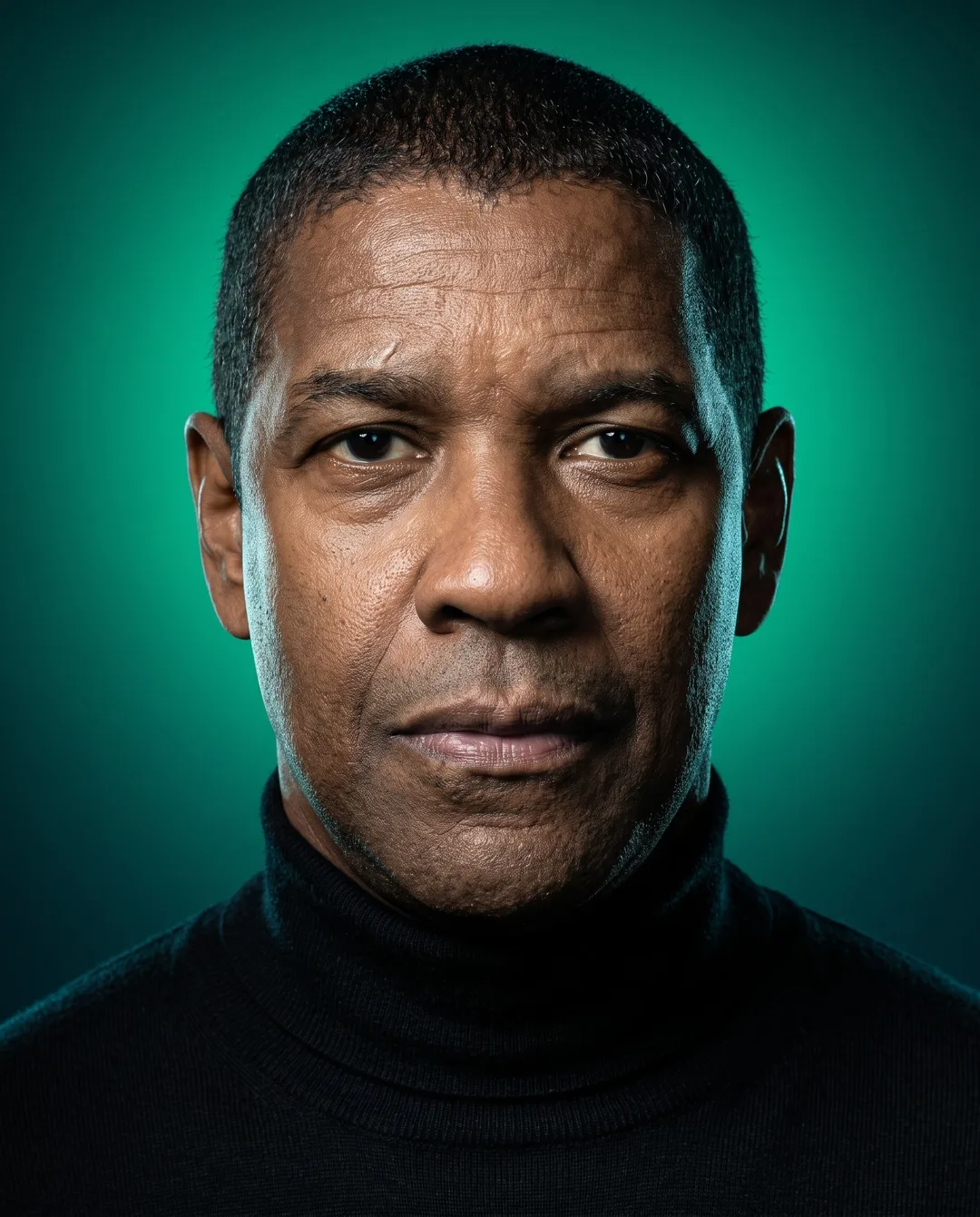 Denzel Washington — emerald chiaroscuro turtleneck portrait, AI-generated