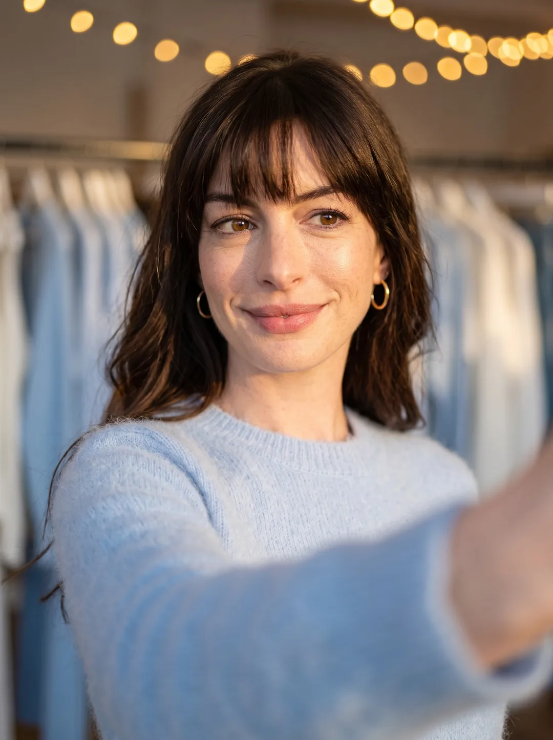 Anne Hathaway — golden-hour boutique selfie, AI-generated