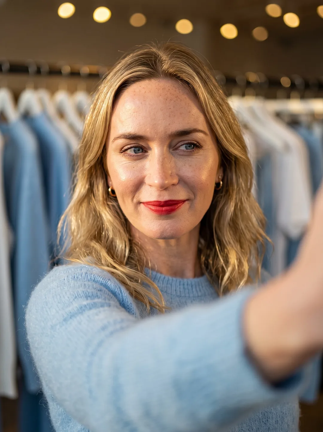 Emily Blunt — golden-hour boutique selfie, AI-generated