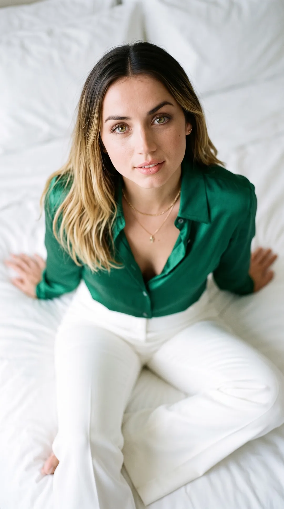 Ana de Armas — high-angle emerald satin portrait, AI-generated