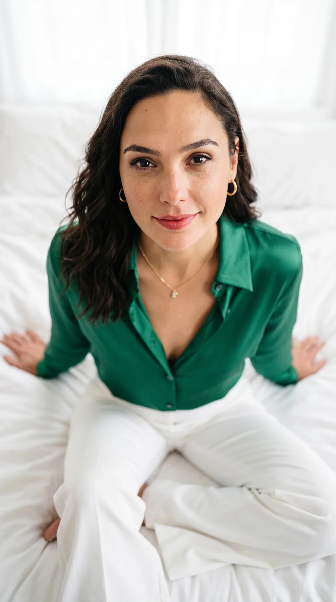 Gal Gadot — high-angle emerald satin portrait, AI-generated
