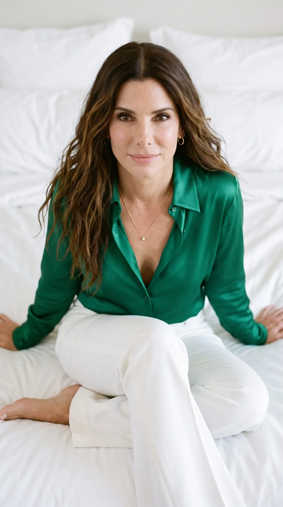 Sandra Bullock — high-angle emerald satin portrait, AI-generated
