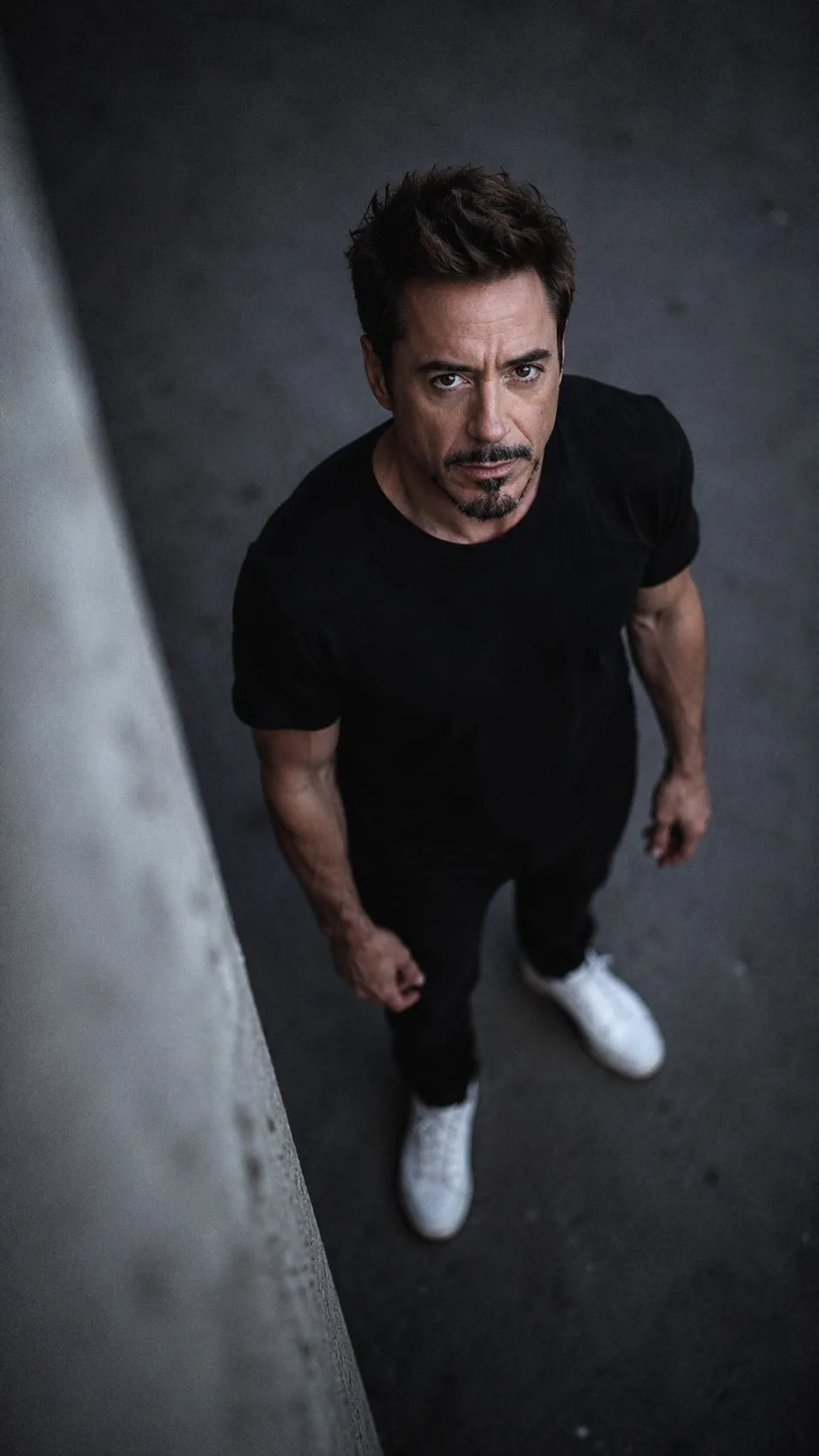 Robert Downey Jr — high-angle looking-up moody portrait, AI-generated