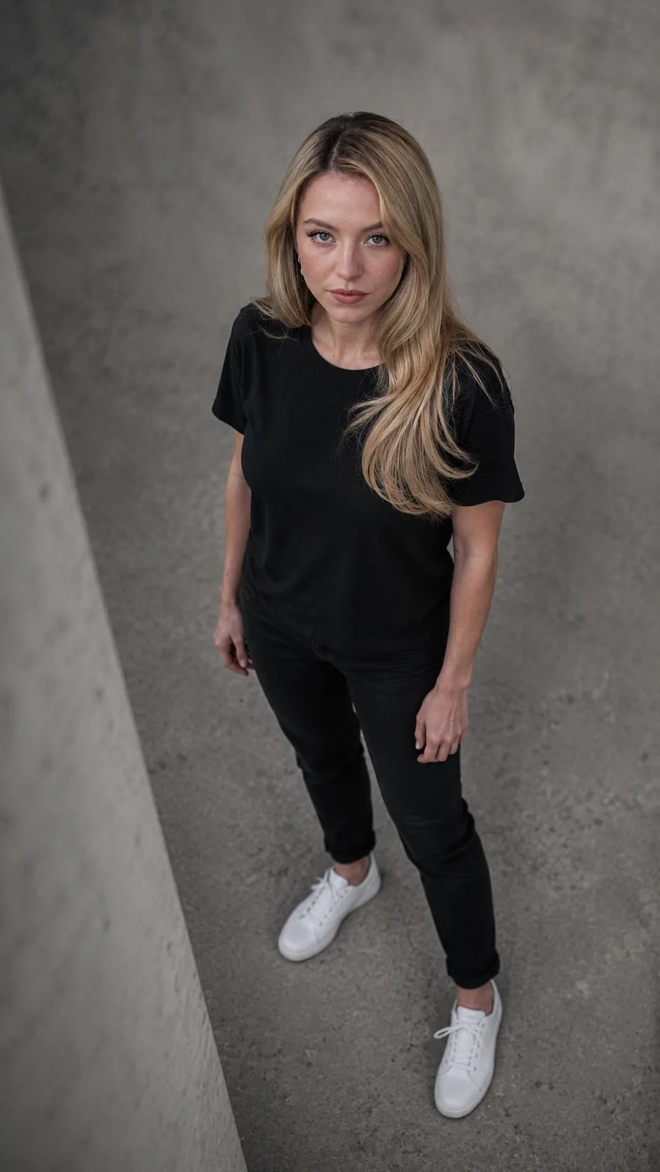 Sydney Sweeney — high-angle looking-up moody portrait, AI-generated