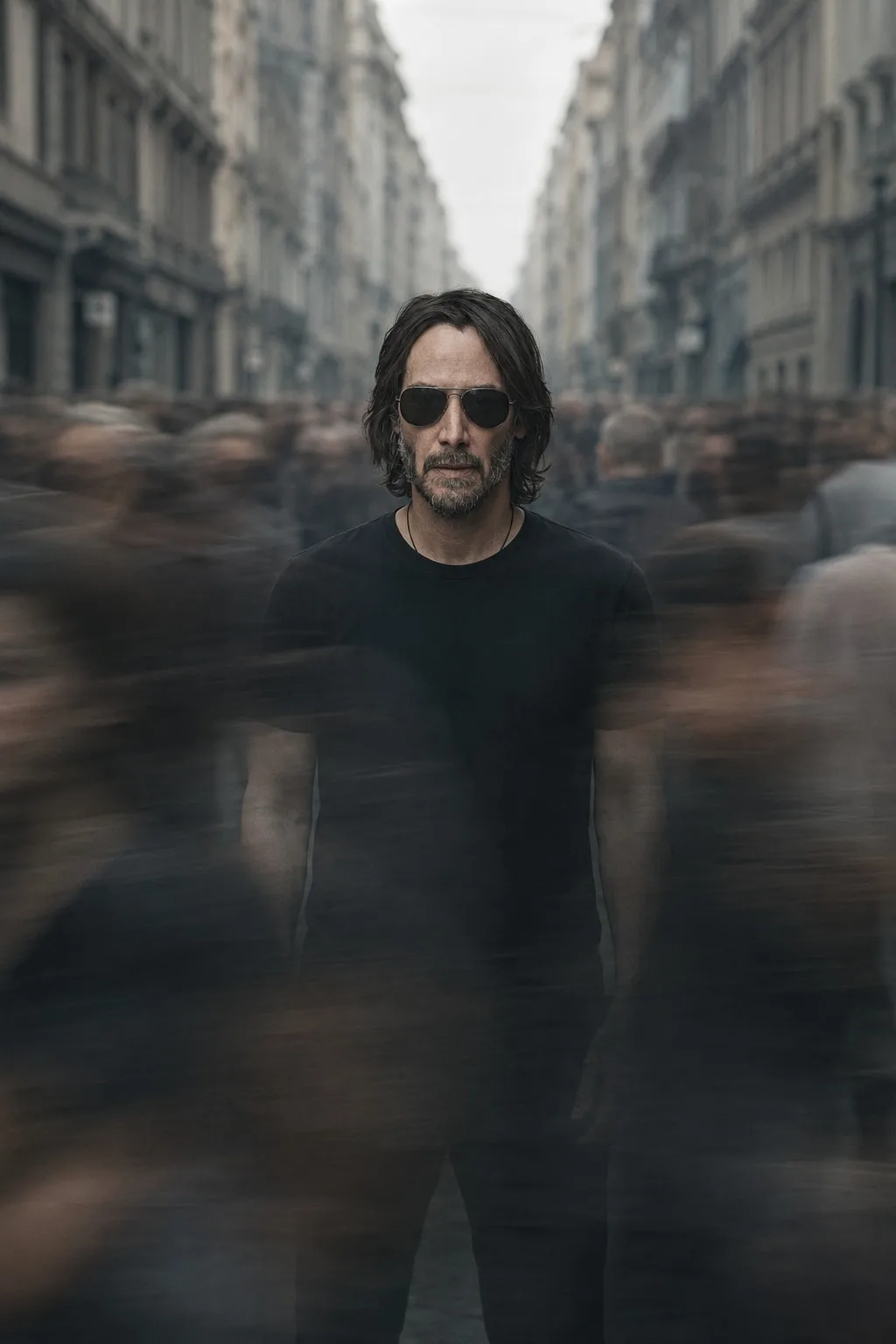Keanu Reeves — still subject in a moving crowd, AI-generated portrait