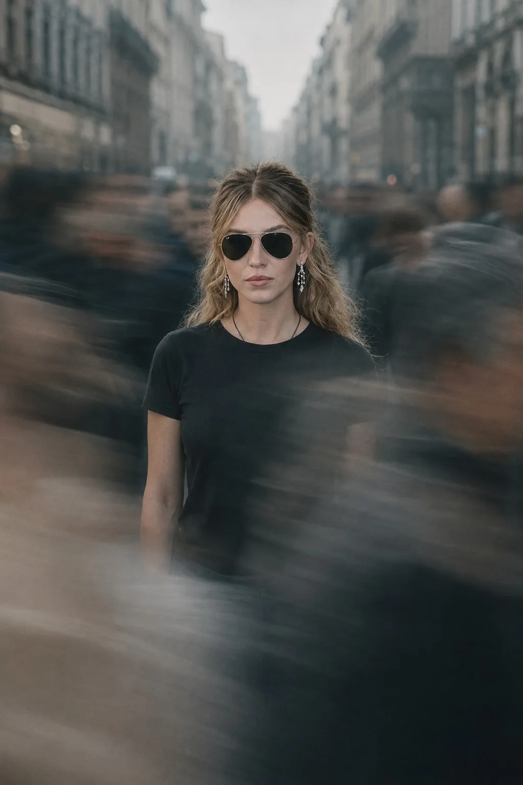 Sydney Sweeney — still subject in a moving crowd, AI-generated portrait