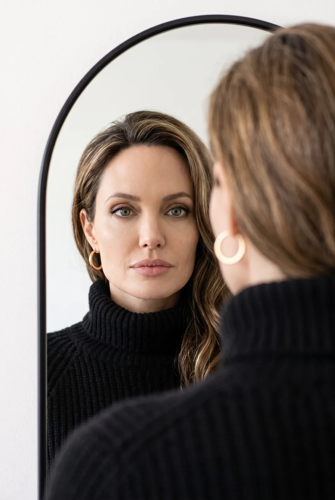 Angelina Jolie — mirror-gaze editorial portrait, AI-generated