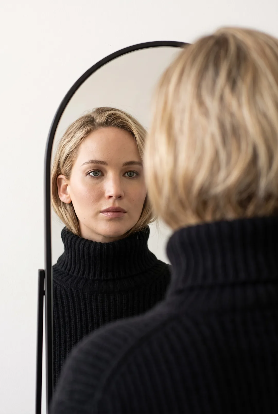 Jennifer Lawrence — mirror-gaze editorial portrait, AI-generated