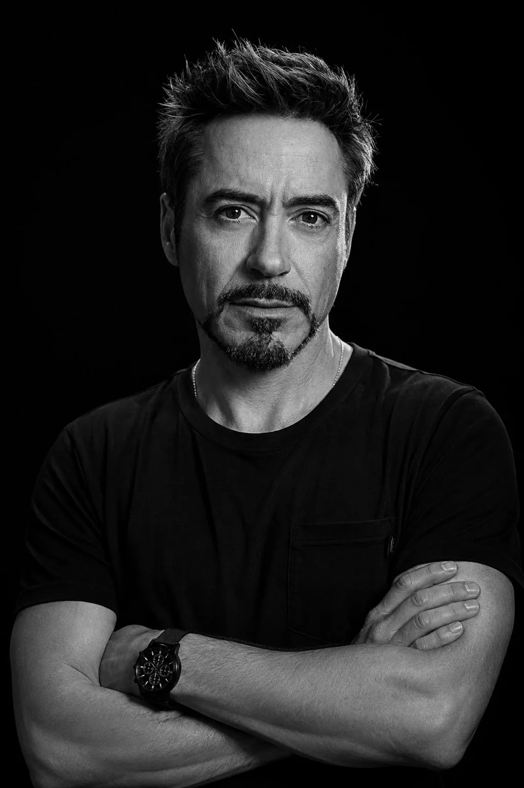 Robert Downey Jr — monochrome crossed-arms studio portrait, AI-generated