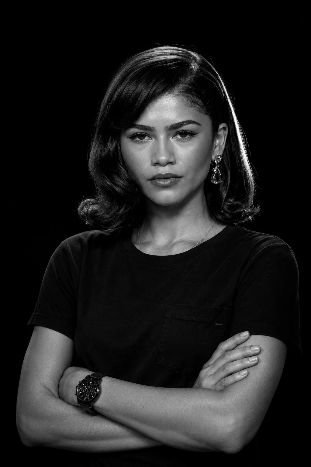 Zendaya — monochrome crossed-arms studio portrait, AI-generated