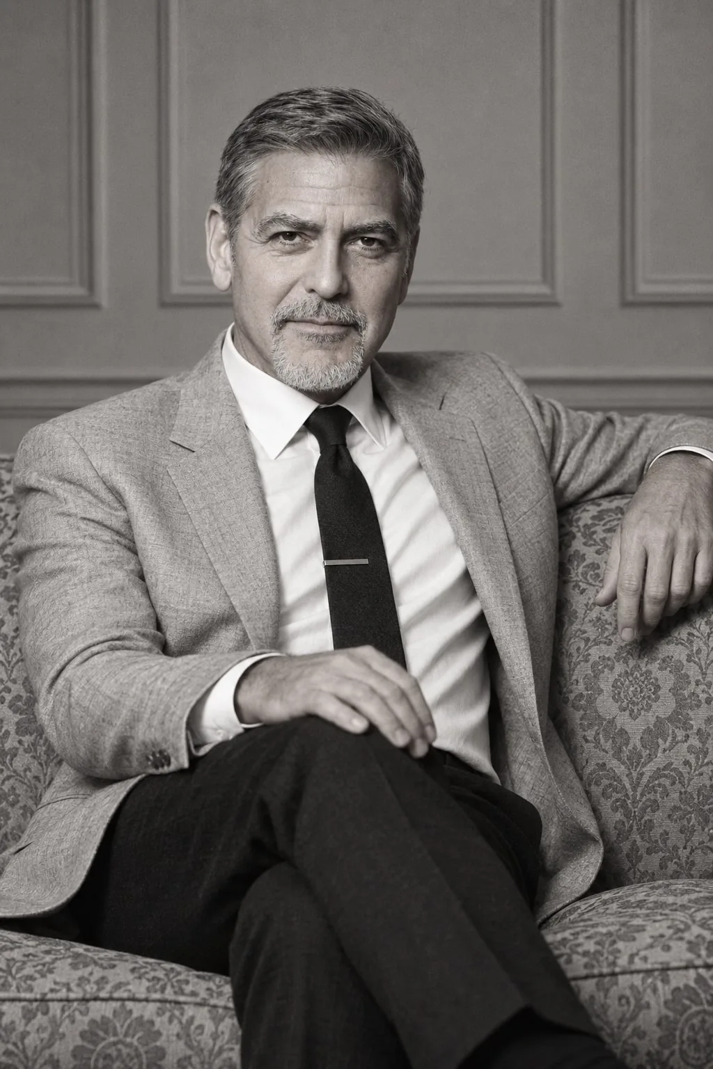 George Clooney — monochrome seated portrait on a vintage sofa, AI-generated
