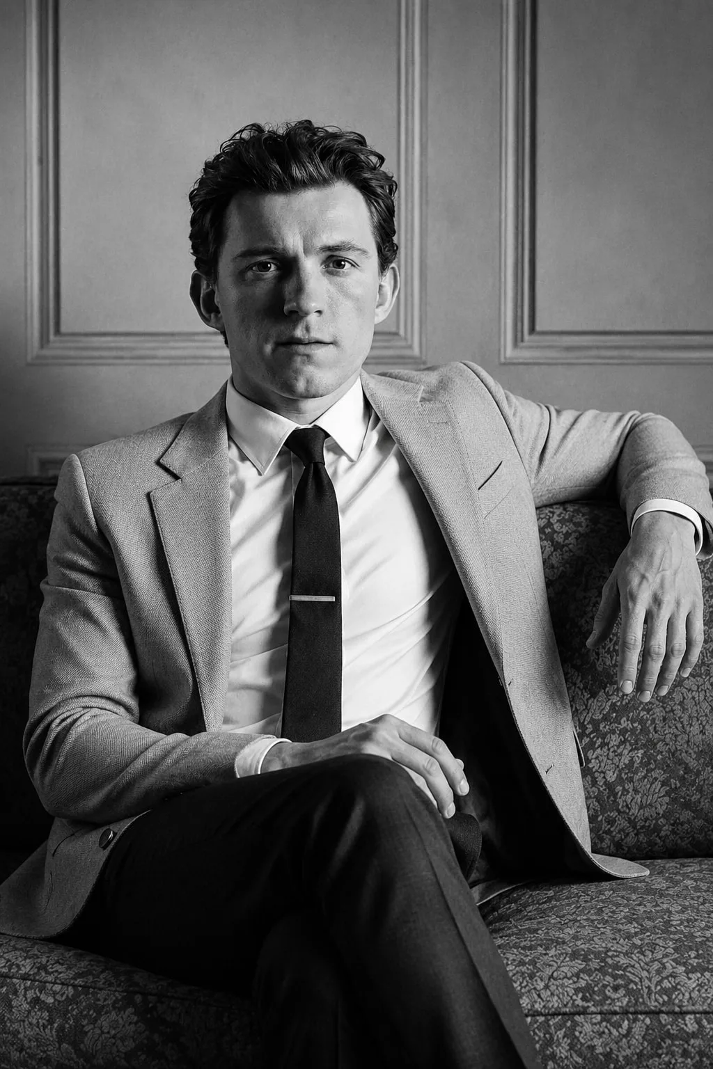 Tom Holland — monochrome seated portrait on a vintage sofa, AI-generated