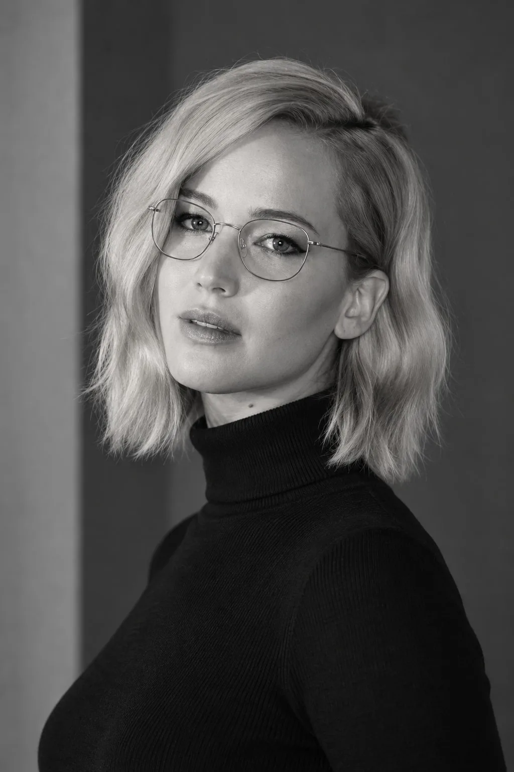 Jennifer Lawrence monochrome turtleneck portrait — variation 2, AI-generated
