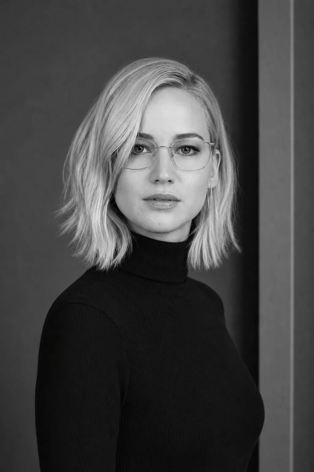 Jennifer Lawrence monochrome turtleneck portrait — variation 3, AI-generated