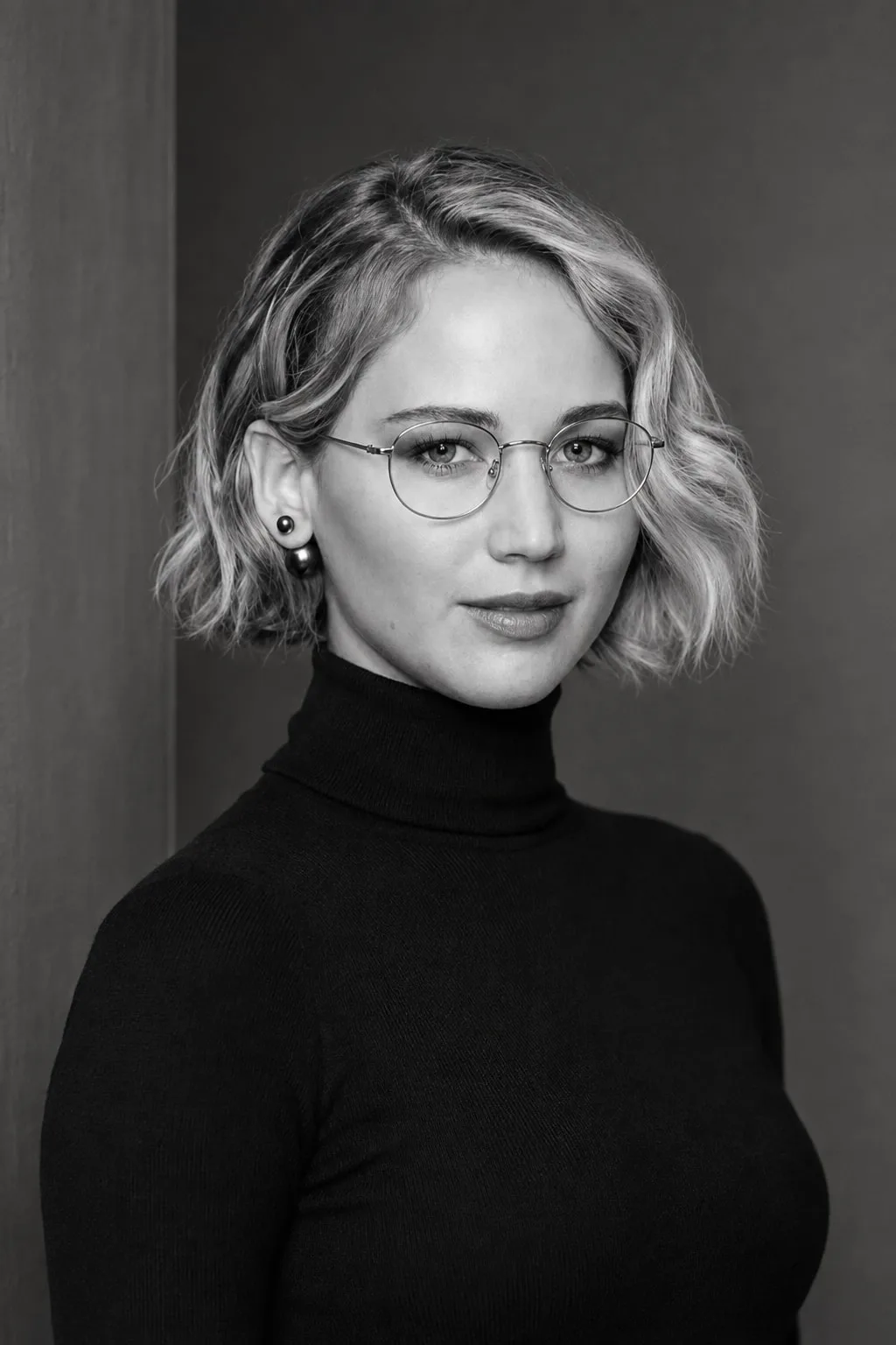 Jennifer Lawrence monochrome turtleneck portrait — variation 5, AI-generated