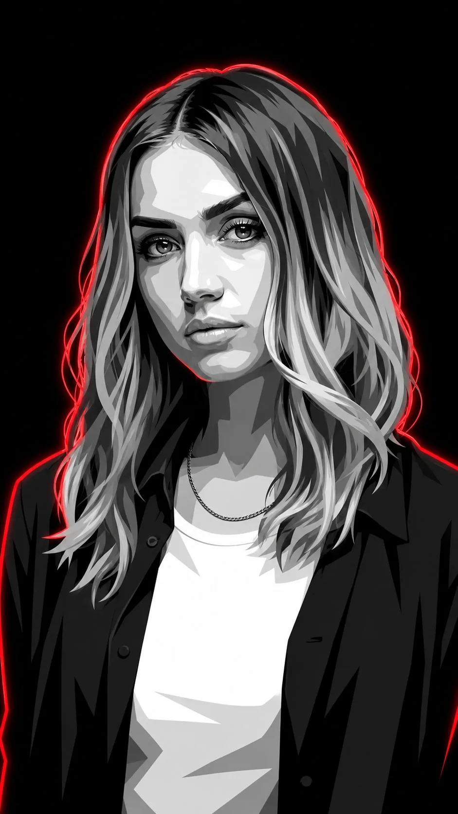 Ana de Armas — monochrome vector poster with red neon rim, AI artwork