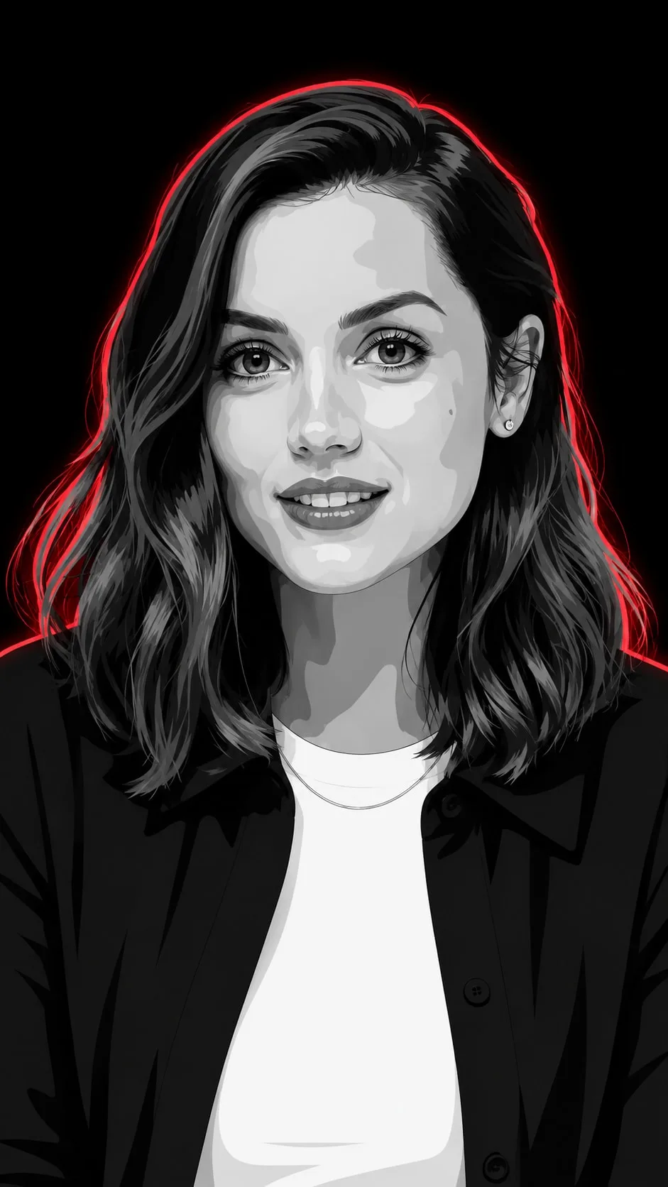 Ana de Armas monochrome vector poster, red neon rim — variation 3