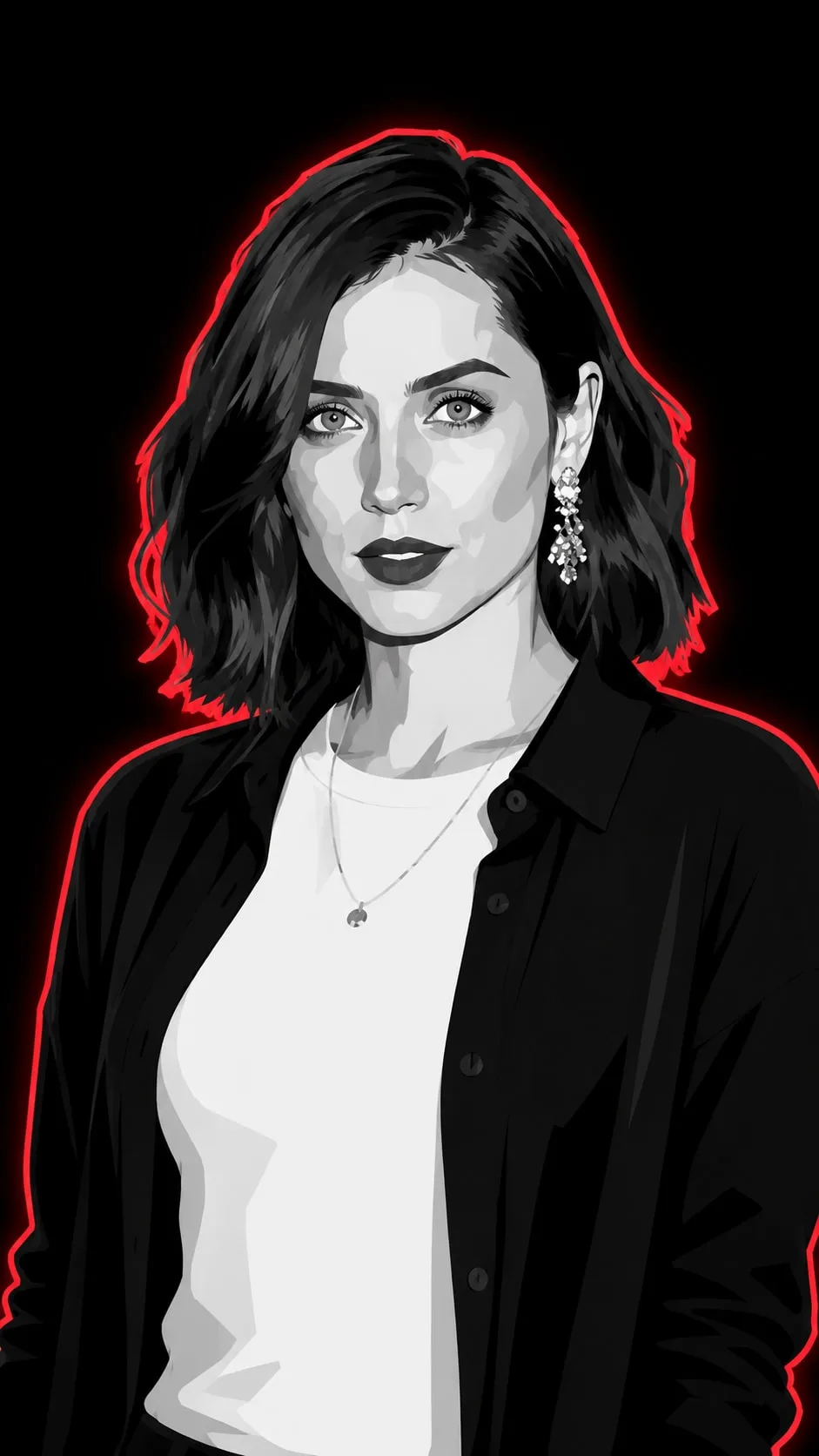 Ana de Armas monochrome vector poster, red neon rim — variation 4