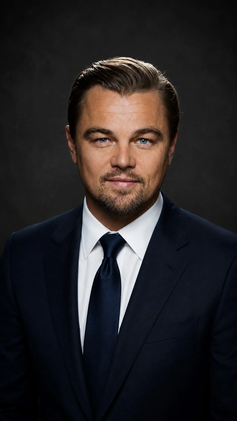 Leonardo DiCaprio — navy suit on charcoal, AI-generated editorial portrait