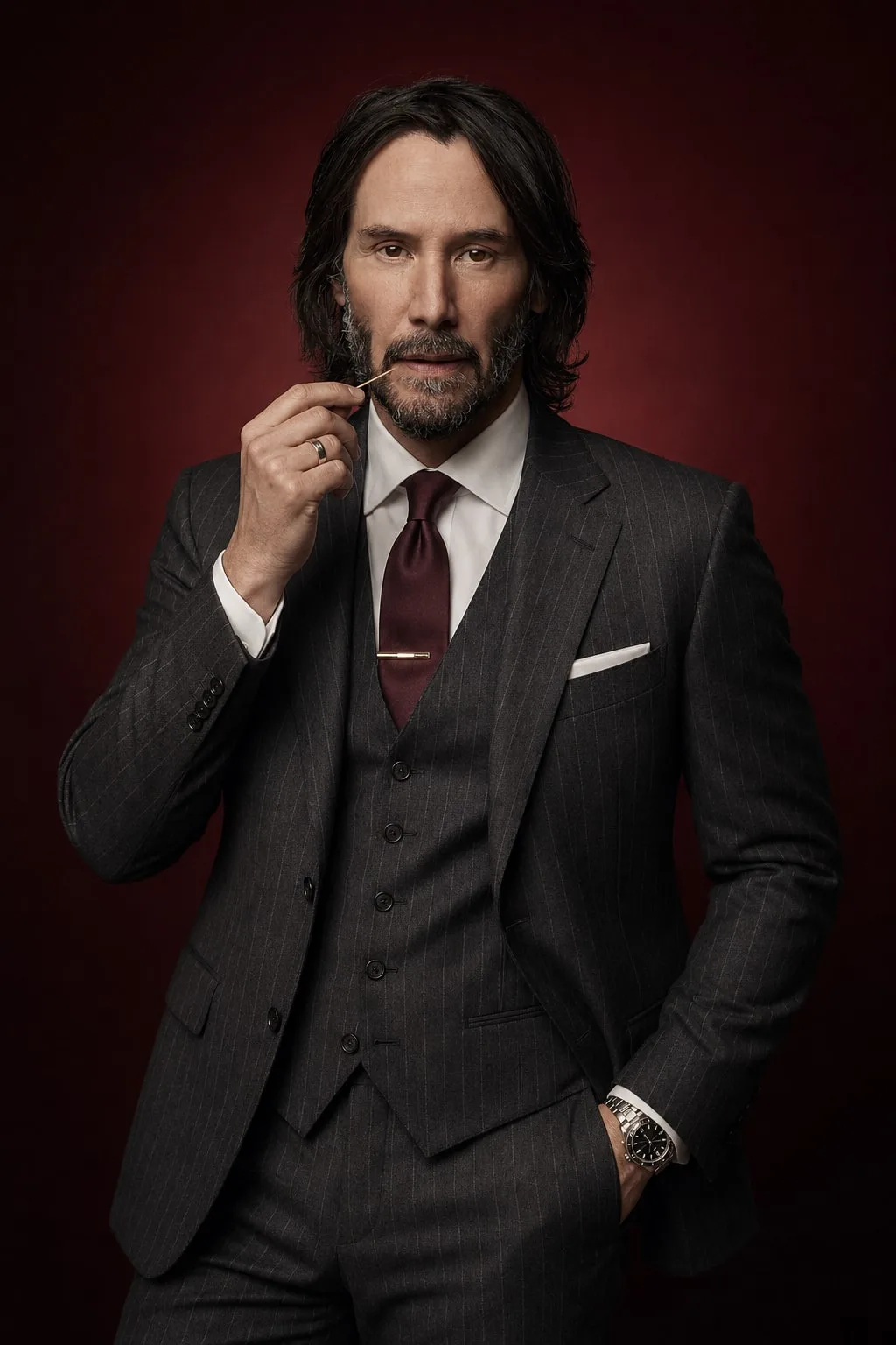 Keanu Reeves — pinstripe three-piece suit on burgundy, AI-generated portrait