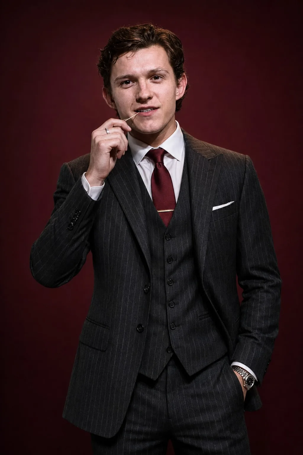 Tom Holland — pinstripe three-piece suit on burgundy, AI-generated portrait