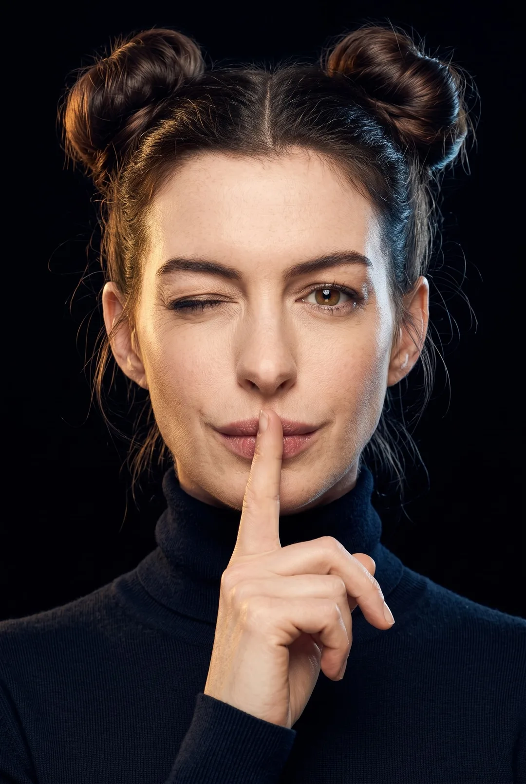 Anne Hathaway — shh wink portrait with space buns, AI-generated