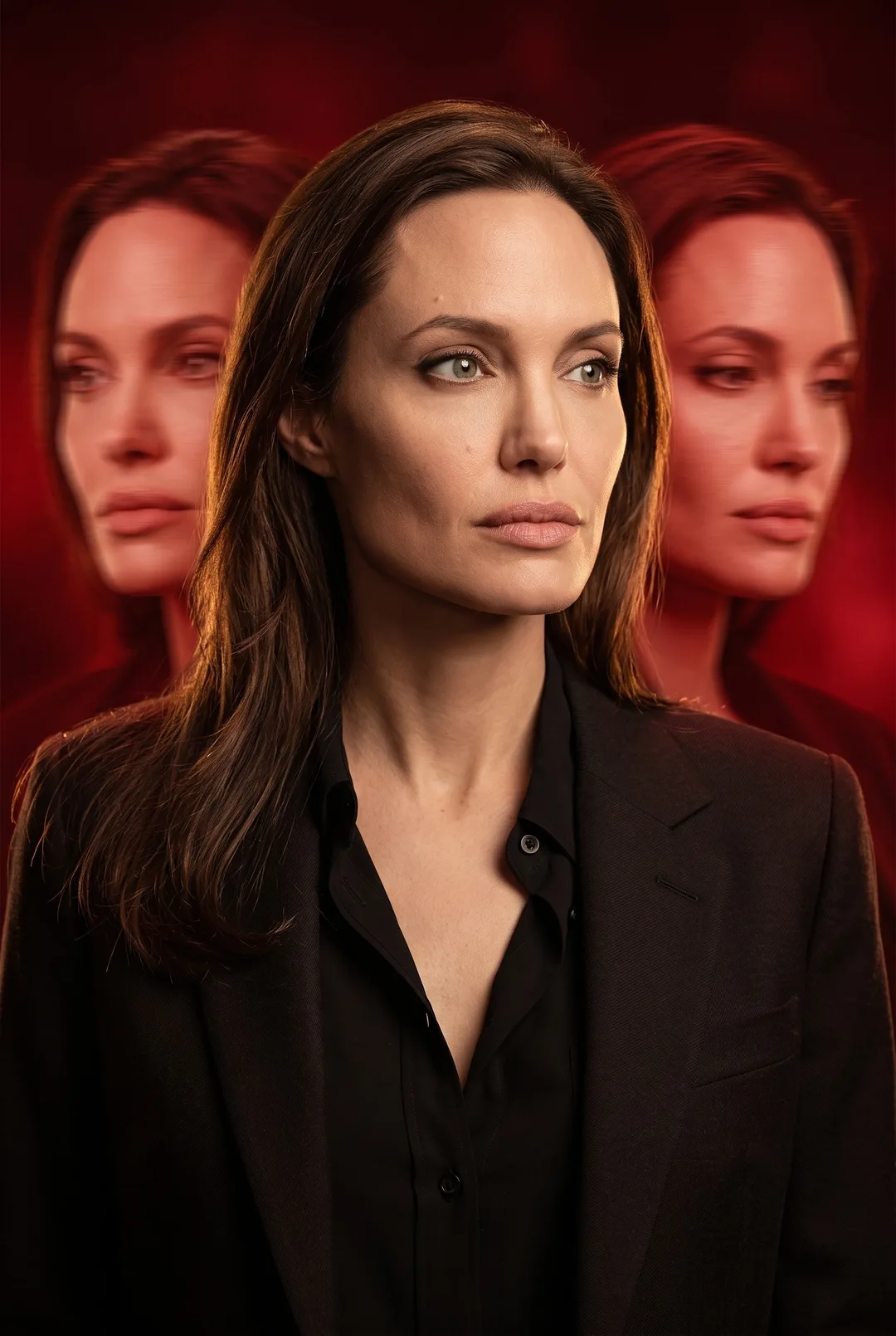 Angelina Jolie — triple-exposure red cinematic poster, AI-generated