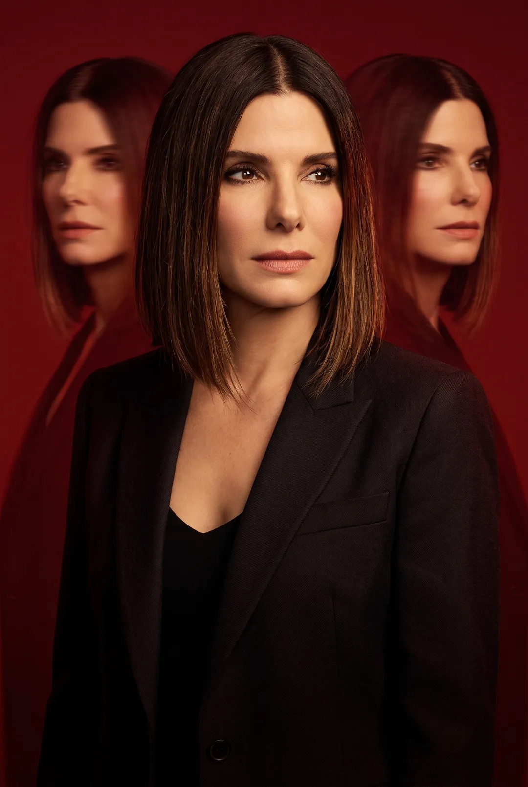 Sandra Bullock — triple-exposure red cinematic poster, AI-generated