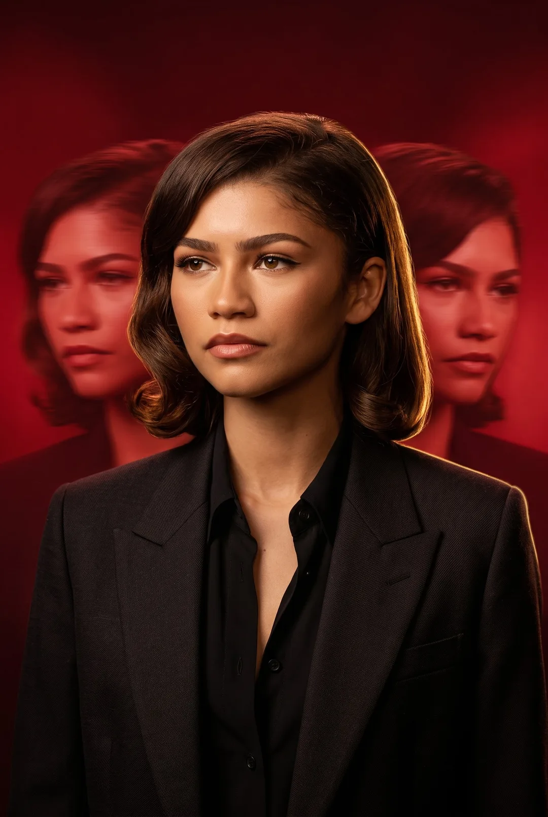 Zendaya — triple-exposure red cinematic poster, AI-generated